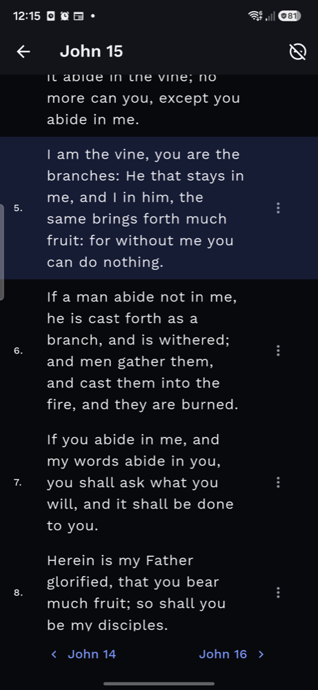 John 15 open in the reader, verse 5 highlighted.